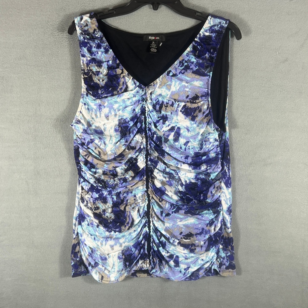 Style & Co Womens Tank Top XL Blue Abstract Ruched Front Sleeveless Mesh Overlay